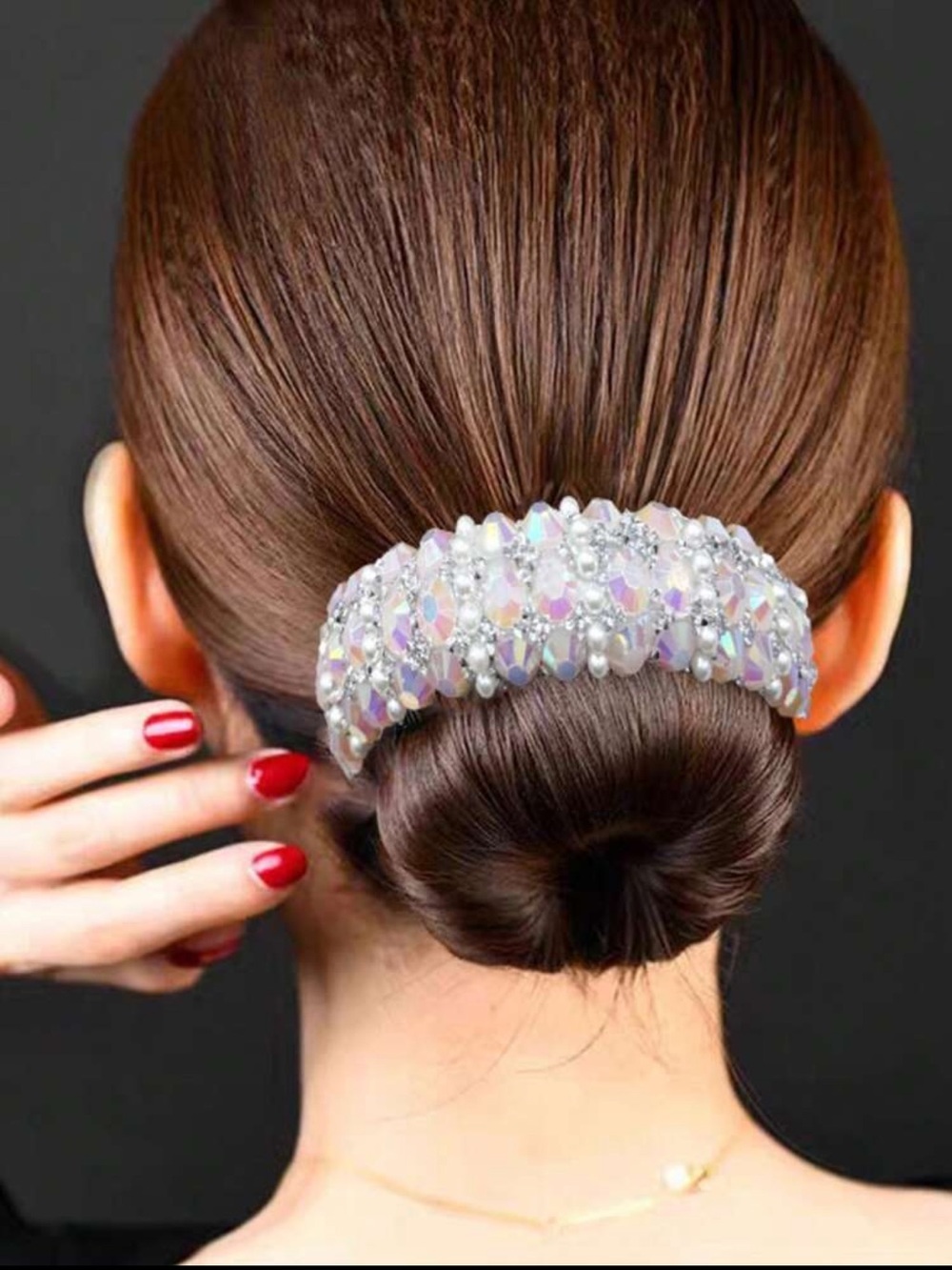 Crystal and Pearl Hair Barrette - White Rhinestone Luxury Iridescent
